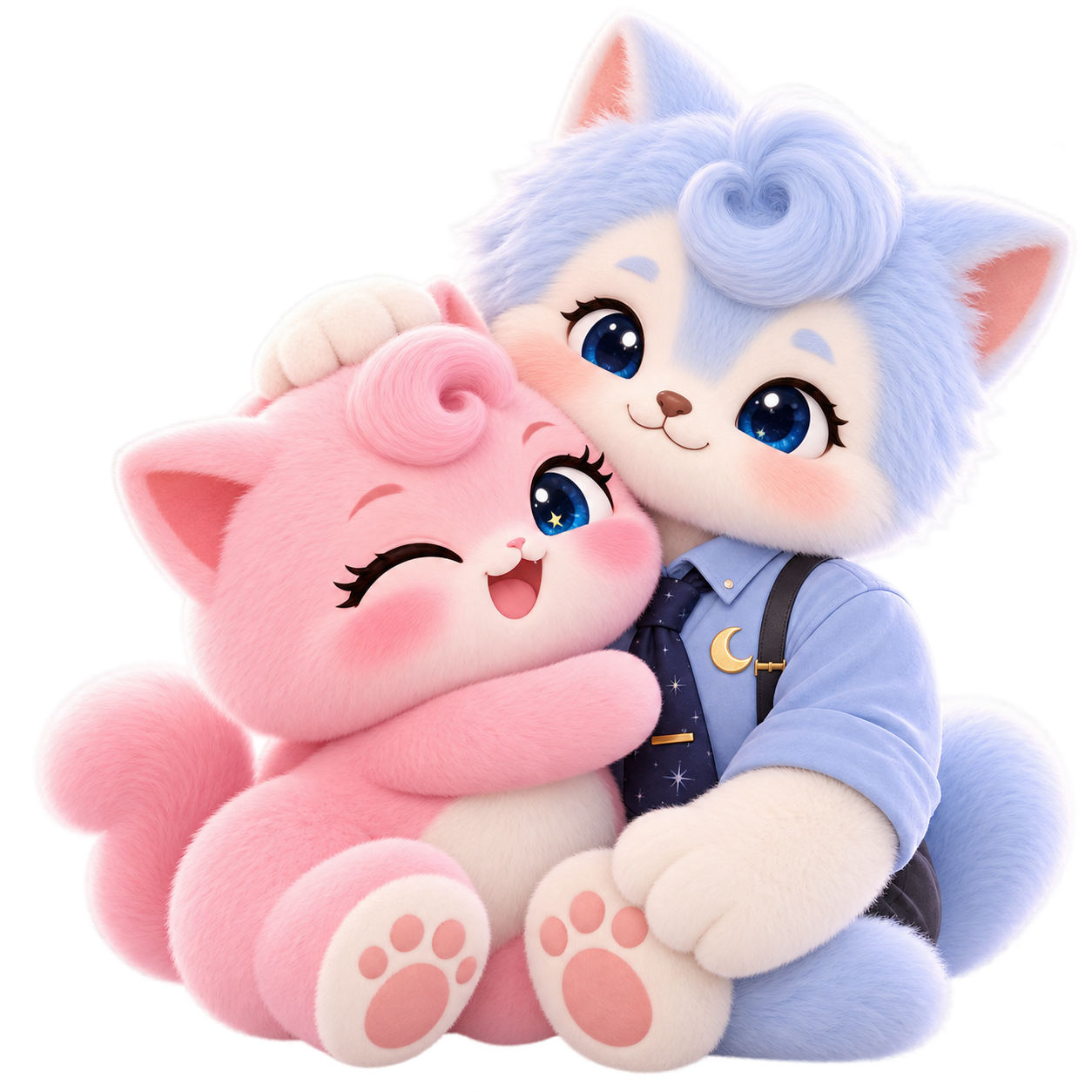 蓝色猫耳圆子温柔抱着粉色猫耳团子，两个人开心地依偎在一起